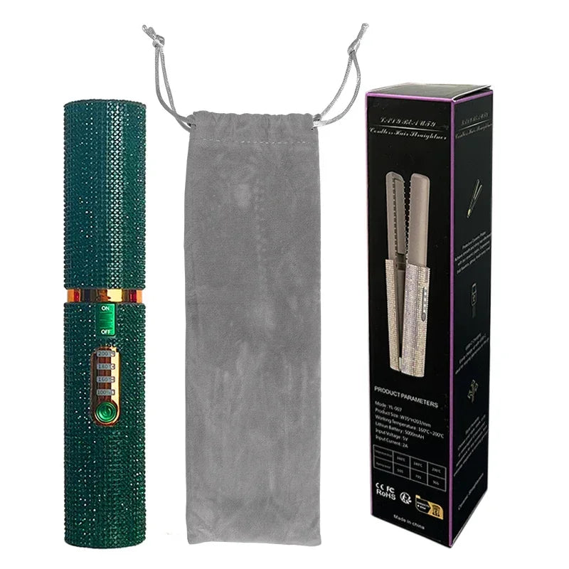 2-in-1 USB Wireless Hair Straightener & Curler – Stylish Diamond Design for Travel"