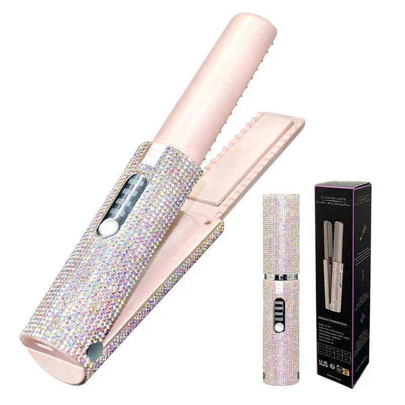 2-in-1 USB Wireless Hair Straightener & Curler – Stylish Diamond Design for Travel"