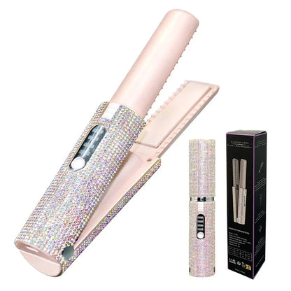 2-in-1 USB Wireless Hair Straightener & Curler – Stylish Diamond Design for Travel"